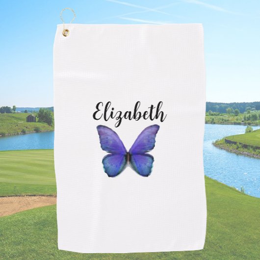 Mooie blauwe vlinder golfhanddoek met eigen naam
