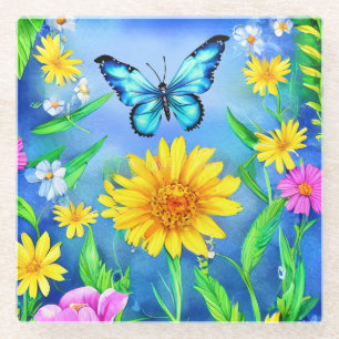 Mooie blauwe vlinder in een bloeiende weide glazen onderzetter