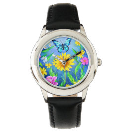 Mooie blauwe vlinder in een bloeiende weide horloge