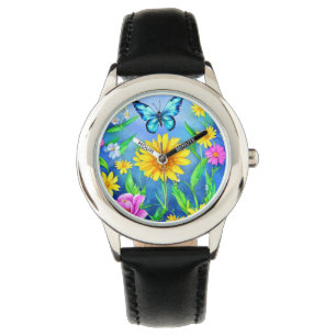 Mooie blauwe vlinder in een bloeiende weide horloge