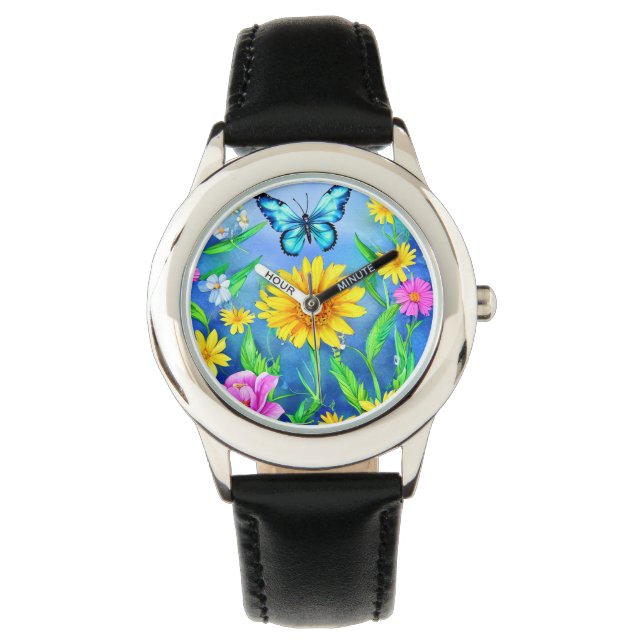 Mooie blauwe vlinder in een bloeiende weide horloge (Voorkant)