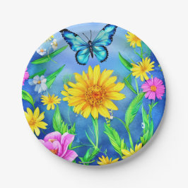 Mooie blauwe vlinder in een bloeiende weide papieren bordje