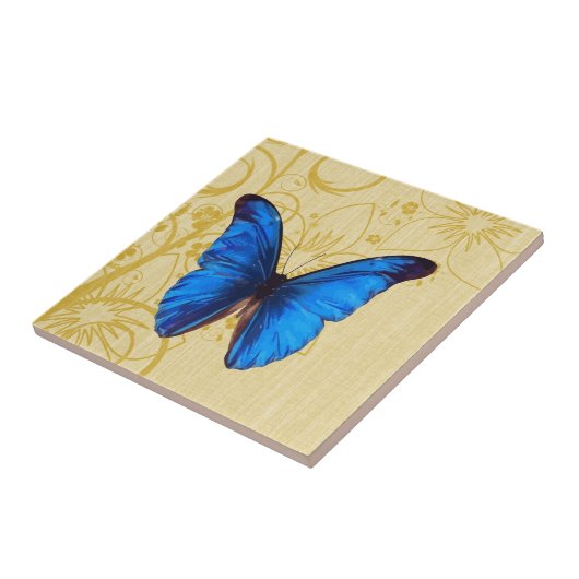 Mooie blauwe vlinder  kunst tegeltje (Zijkant)