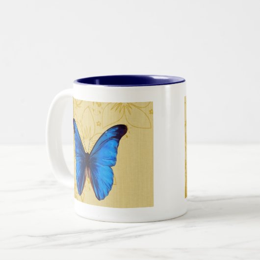 Mooie blauwe vlinder  kunst tweekleurige koffiemok (Voorkant links)