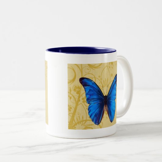 Mooie blauwe vlinder  kunst tweekleurige koffiemok (Voorkant rechts)