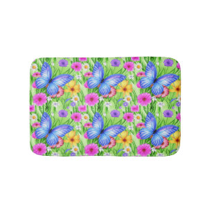 Mooie blauwe vlinder met bloemen Waterverf Badmat