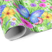 Mooie blauwe vlinder met bloemen Waterverf Cadeaupapier (Rol Hoek)
