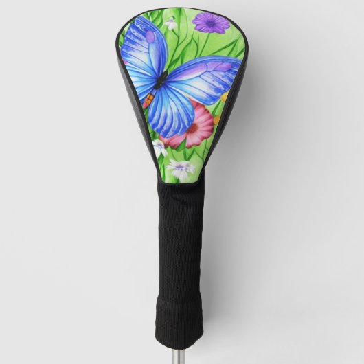 Mooie blauwe vlinder met bloemen Waterverf Golfheadcover (Voorkant)