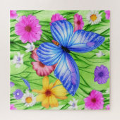 Mooie blauwe vlinder met bloemen Waterverf Legpuzzel (Horizontaal)