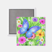 Mooie blauwe vlinder met bloemen Waterverf Magneet (Voorkant / Achterkant)