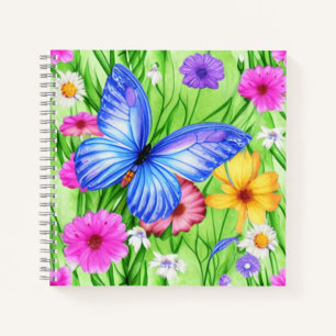 Mooie blauwe vlinder met bloemen Waterverf Notitieboek