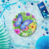 Mooie blauwe vlinder met bloemen Waterverf Papieren Bordje (Feest)