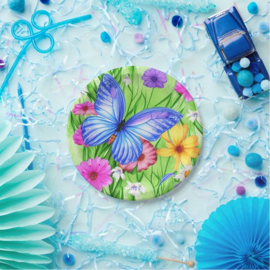 Mooie blauwe vlinder met bloemen Waterverf Papieren Bordje (Feest)