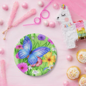 Mooie blauwe vlinder met bloemen Waterverf Papieren Bordje (Feest)