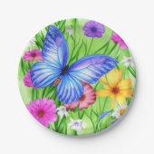 Mooie blauwe vlinder met bloemen Waterverf Papieren Bordje (Voorkant)