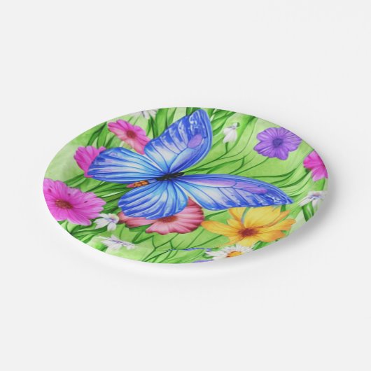 Mooie blauwe vlinder met bloemen Waterverf Papieren Bordje (Gekanteld)