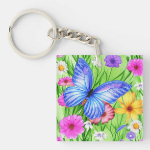 Mooie blauwe vlinder met bloemen Waterverf Sleutelhanger