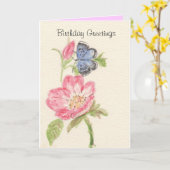 Mooie blauwe vlinder op roze bloem kaart (Gele Bloem)