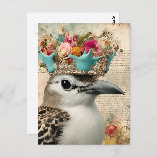 Mooie blauwe vogel in een grappige kroon collage briefkaart (Voorkant / Achterkant)