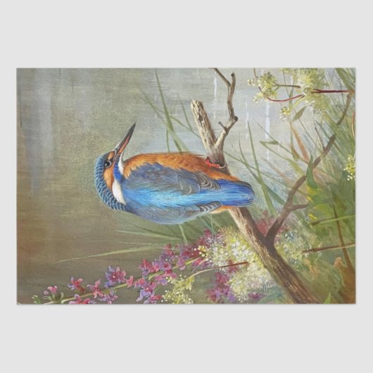 Mooie Blauwe Vogel Kingfisher Waterverf Schilderij Tissuepapier (Voorkant)