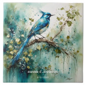 Mooie blauwe vogel. Namen en trouwdatum bewerkbaar Tegeltje (Voorkant)