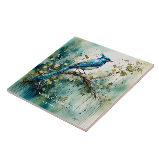 Mooie blauwe vogel. Namen en trouwdatum bewerkbaar Tegeltje (Zijkant)