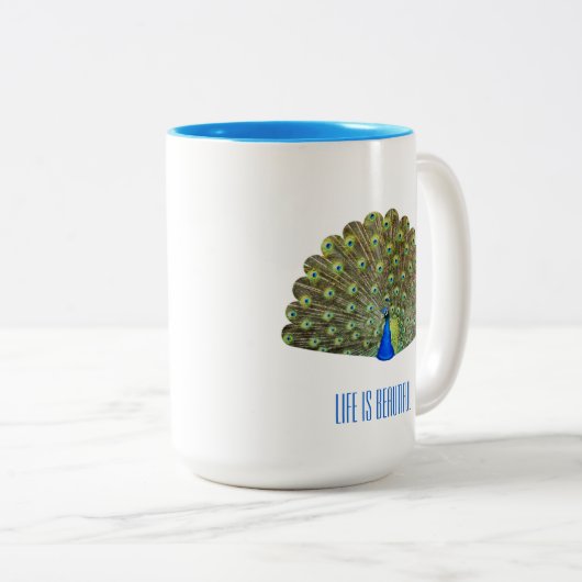 Mooie blauwe vogelpacock tweekleurige koffiemok (Voorkant rechts)