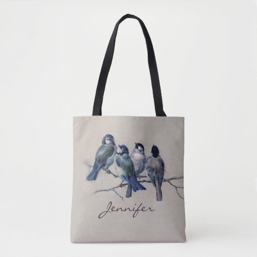 Mooie blauwe vogels, aangepaste aangepaste naam tote bag (Voorkant)