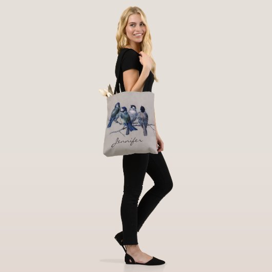 Mooie blauwe vogels, aangepaste aangepaste naam tote bag (Op model)