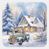 Mooie  Blauwe Vrachtwagen Winterboerderij Vierkante Sticker (Voorkant)