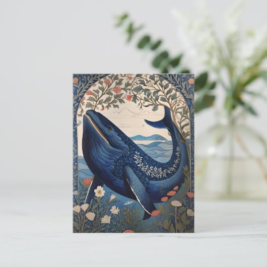 Mooie blauwe walvis William Morris geïnspireerd Briefkaart (Staand voorkant)