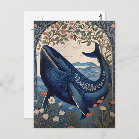 Mooie blauwe walvis William Morris geïnspireerd Briefkaart (Voorkant / Achterkant)