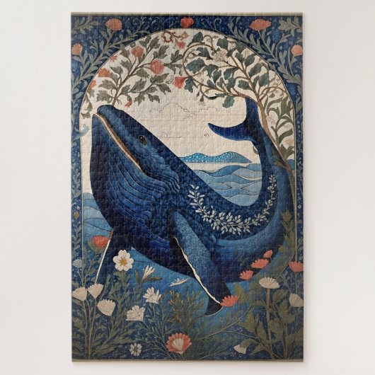Mooie blauwe walvis William Morris geïnspireerd Legpuzzel (Verticaal)
