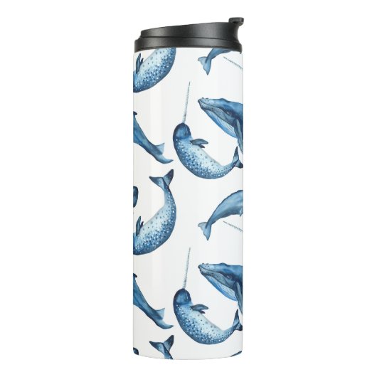 Mooie blauwe walvissen en Narwhals Thermal Tumbler Thermosbeker (Gedraaid links)