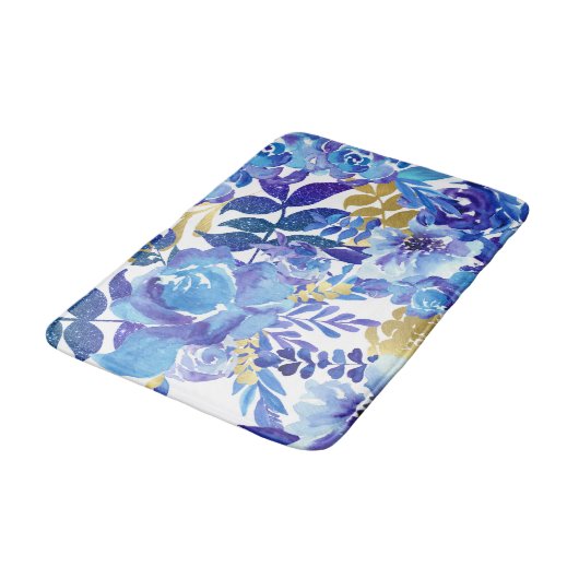 Mooie Blauwe Waterverf Bloemen Badmat (Gekanteld)