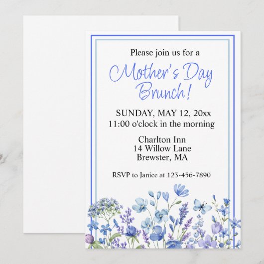 Mooie Blauwe Waterverf Bloemen Moederdag Brunch Kaart (Voorkant / Achterkant)