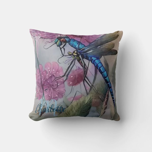 Mooie blauwe Waterverf Dragonfly, personaliseren Kussen (Voorkant)