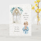 Mooie Blauwe Waterverf Eerste Communie Groet Kaart (Gele Bloem)