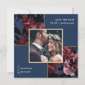 Mooie blauwe Waterverf Rood Floral Foto bruiloft Save The Date (Voorkant)