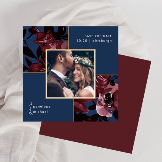 Mooie blauwe Waterverf Rood Floral Foto bruiloft Save The Date