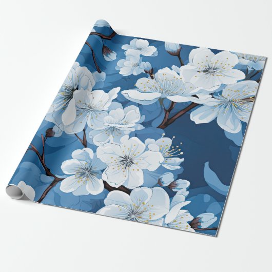 Mooie Blauwe Witte Bloemen Cadeaupapier (Uitgerold)