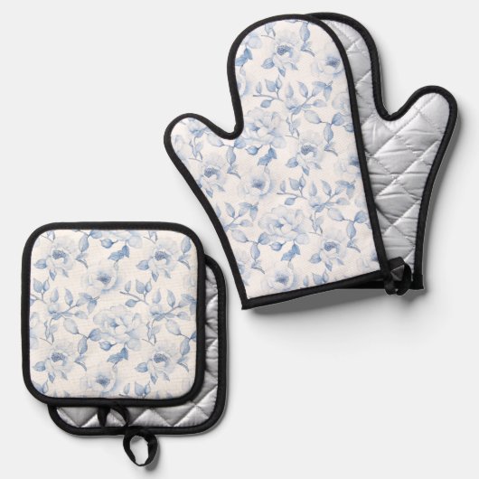 Mooie Blauwe Witte Bloemen Chic Ovenwant & Pannenlap Set (Voorkant / Achterkant)