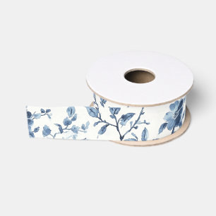 Mooie Blauwe Witte Bloemige Bruiloftsdouche Grosgrain Lint