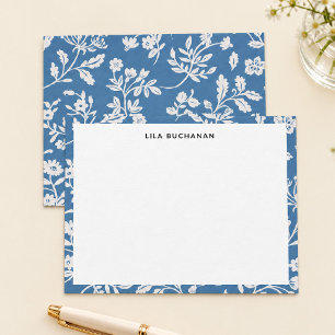 Mooie blauwe witte bloemmotief correspondentie notitiekaartje