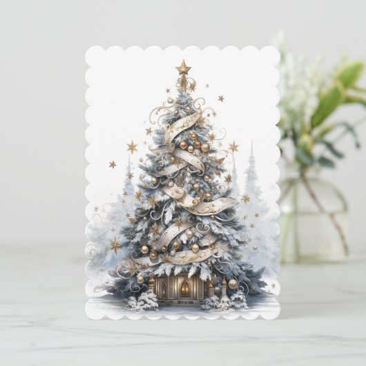 Mooie Blauwe Witte en Gouden Kerstboom Feestdagenkaart (Staand voorkant)