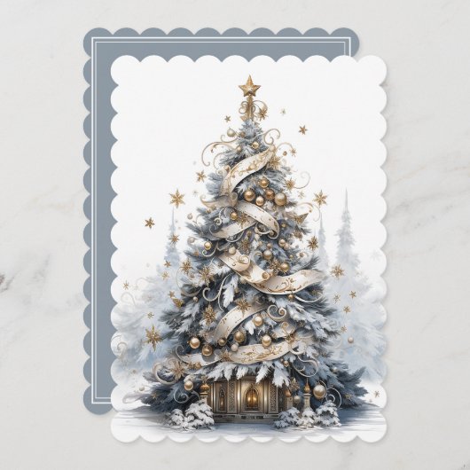 Mooie Blauwe Witte en Gouden Kerstboom Feestdagenkaart (Voorkant / Achterkant)