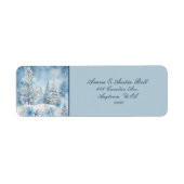 Mooie Blauwe Witte Kerstmisscène Bomen Sneeuw Etiket (Voorkant)