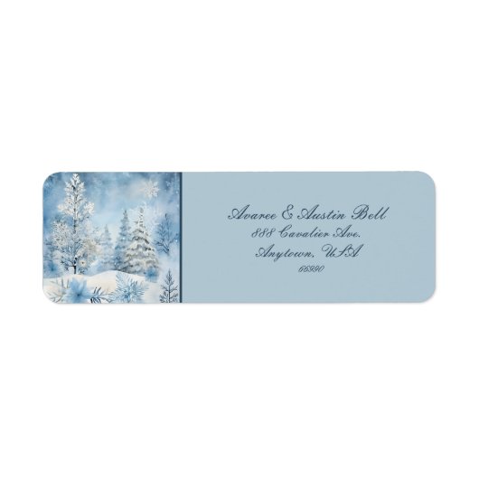 Mooie Blauwe Witte Kerstmisscène Bomen Sneeuw Etiket (Voorkant)