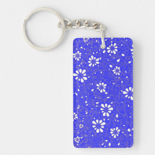 Mooie blauwe witte klassieke bloemenpatroon sleutelhanger