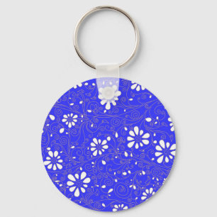 Mooie blauwe witte klassieke bloemenpatroon sleutelhanger